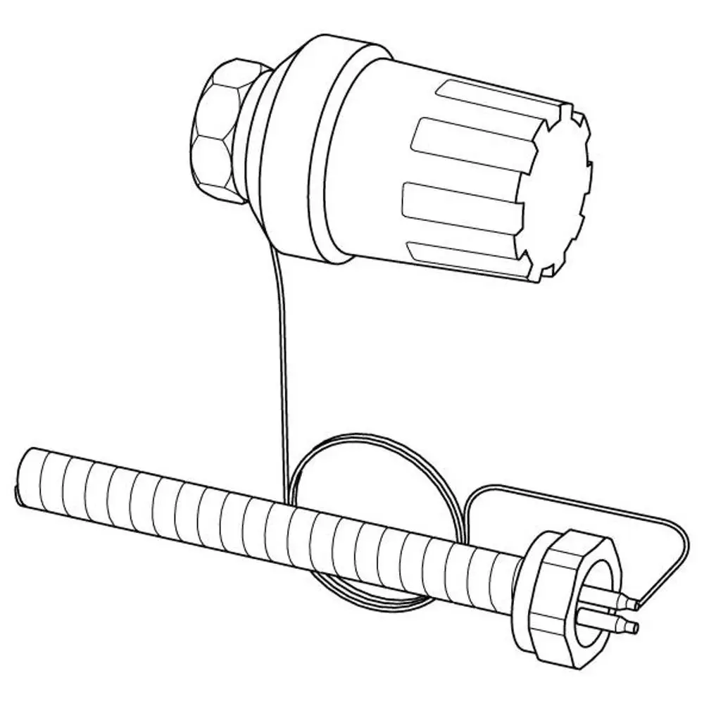 Thermostat von Uponor, bestehend aus einer Regelungseinheit mit Schraubmechanismus und angeschlossenem Sensorrohr. Komponenten sind klar strukturiert und funktional angeordnet.